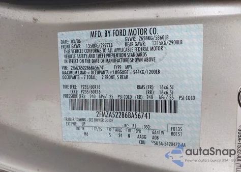 2006 Ford Freestar Sel from USA, damaged, VIN 2FMZA52286BA56741